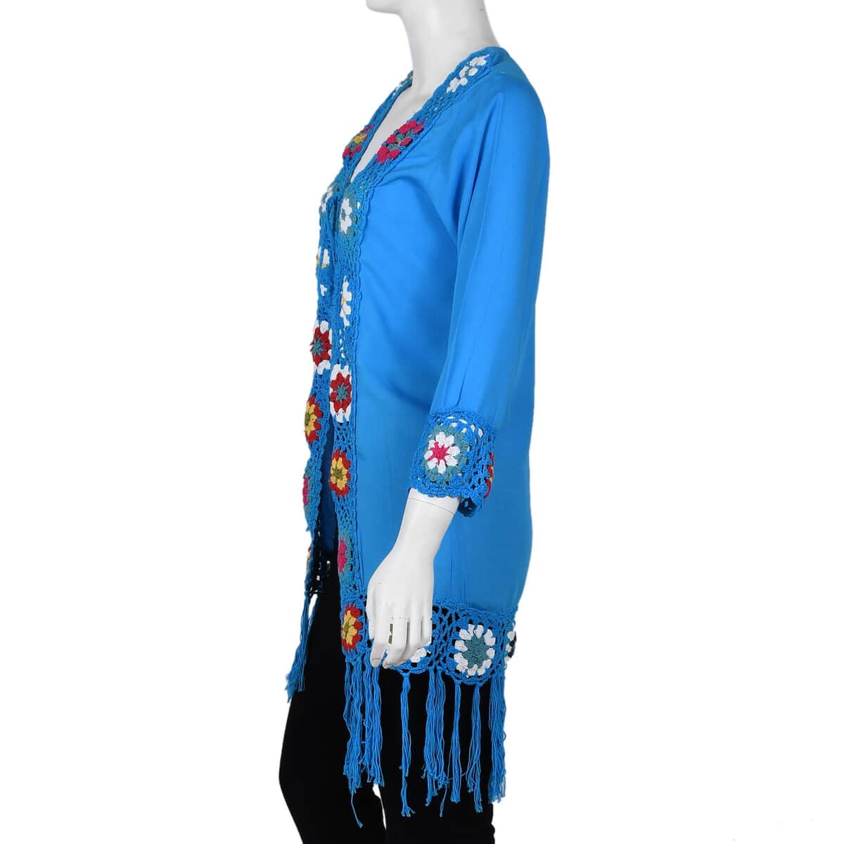 Tamsy Turquoise with Multicolor Square Geometric Pattern Cotton Hand Crochet Cardigan - S image number 2