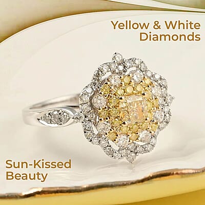 Natural Yellow And White Diamond Flower Ring, Yellow Diamond Ring, Floral Cluster Ring, 14K White and Yellow Gold Ring, Wedding Ring For Her 1.00 ctw (Size 6)