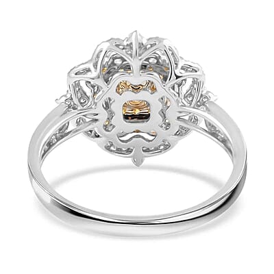 Natural Yellow And White Diamond Flower Ring, Yellow Diamond Ring, Floral Cluster Ring, 14K White and Yellow Gold Ring, Wedding Ring For Her 1.00 ctw (Size 6)