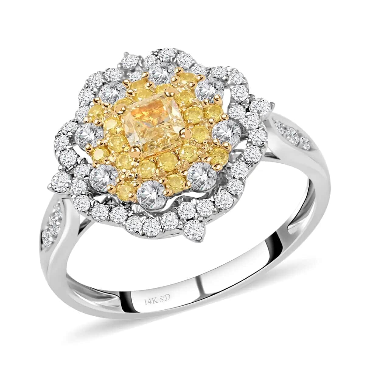 Natural Yellow And White Diamond Flower Ring, Yellow Diamond Ring, Floral Cluster Ring, 14K White and Yellow Gold Ring, Wedding Ring For Her 1.00 ctw (Size 9) image number 0