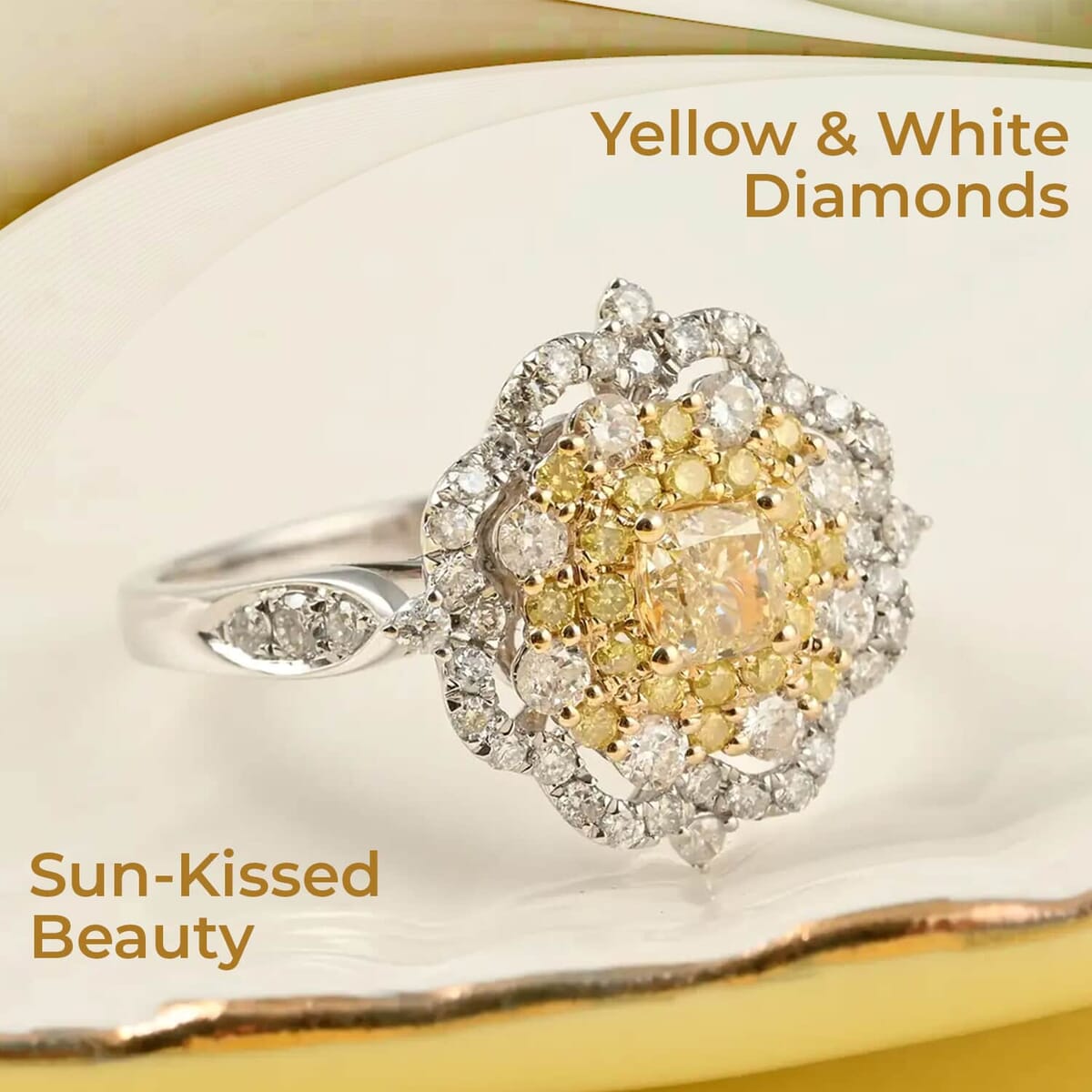 Natural Yellow And White Diamond Flower Ring, Yellow Diamond Ring, Floral Cluster Ring, 14K White and Yellow Gold Ring, Wedding Ring For Her 1.00 ctw (Size 9) image number 1
