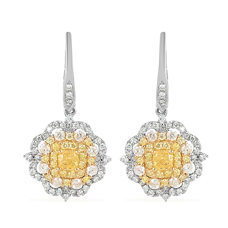 14K White Gold Natural Yellow and White Diamond Floral Earrings 4.50 Grams 1.85 ctw