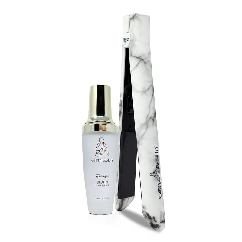 Karma Beauty Supreme Ceramic 2.0 Flat Iron (Marble) and Biotin Hair Serum Bundle , Hair Iron , Best Mini Hair Straightener , Best Flat Iron , Hair Tools