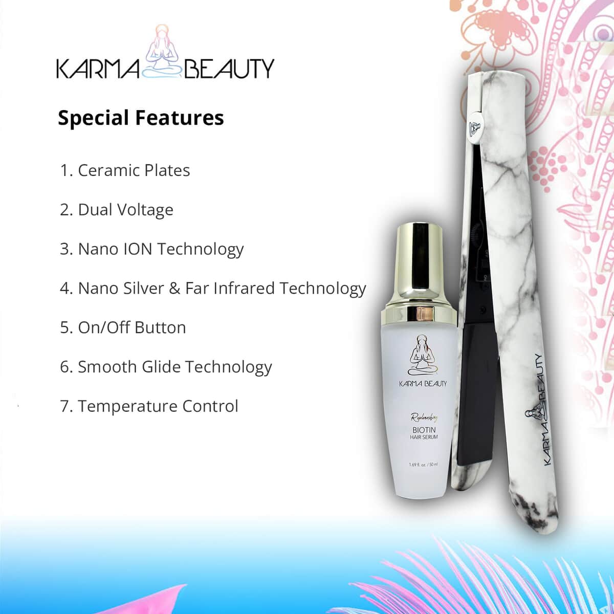 Karma Beauty Supreme Ceramic 2.0 Flat Iron (Marble) and Biotin Hair Serum Bundle image number 1