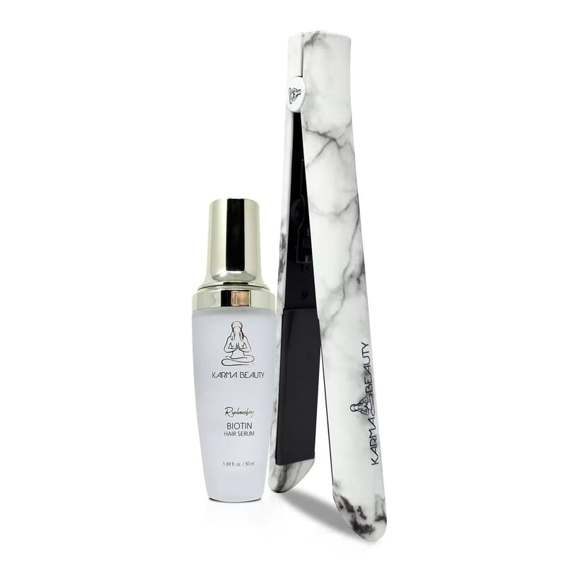 Karma Beauty Supreme Ceramic 2.0 Flat Iron (Marble) and Biotin Hair Serum Bundle , Hair Iron , Best Mini Hair Straightener , Best Flat Iron , Hair Tools
