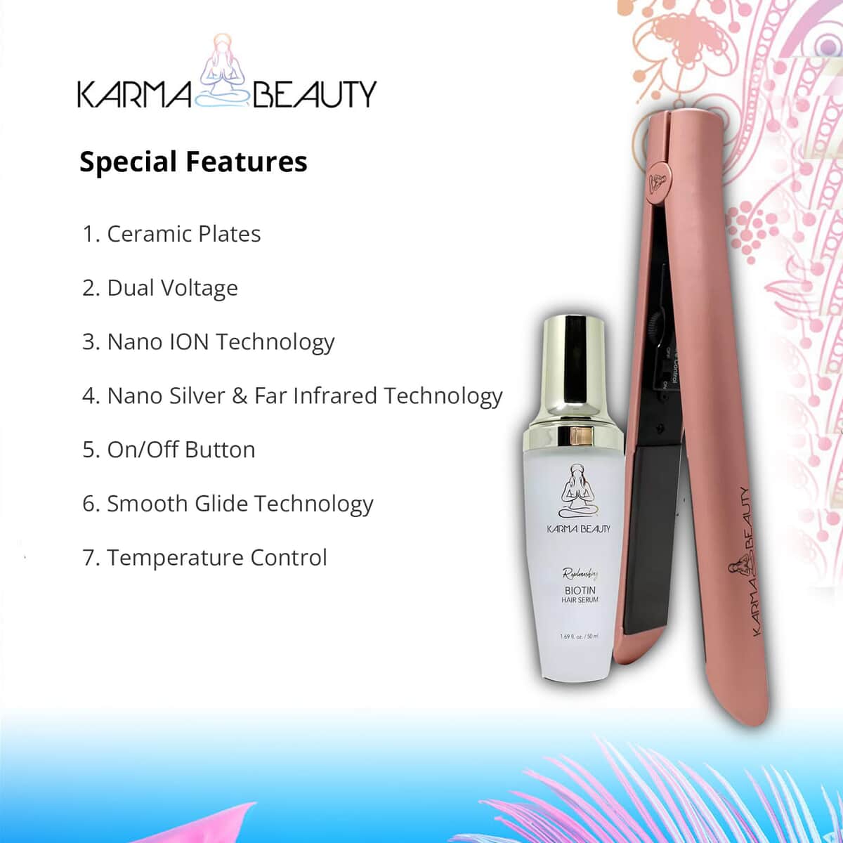 Karma Beauty Supreme Ceramic 2.0 Flat Iron (Rose Gold) and Biotin Hair Serum Bundle , Hair Iron , Best Mini Hair Straightener , Best Flat Iron , Hair Tools image number 1