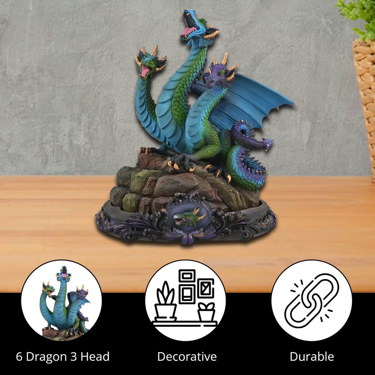 Hand Painted Resin Figurine 6in Dragon 3 Head image number 1