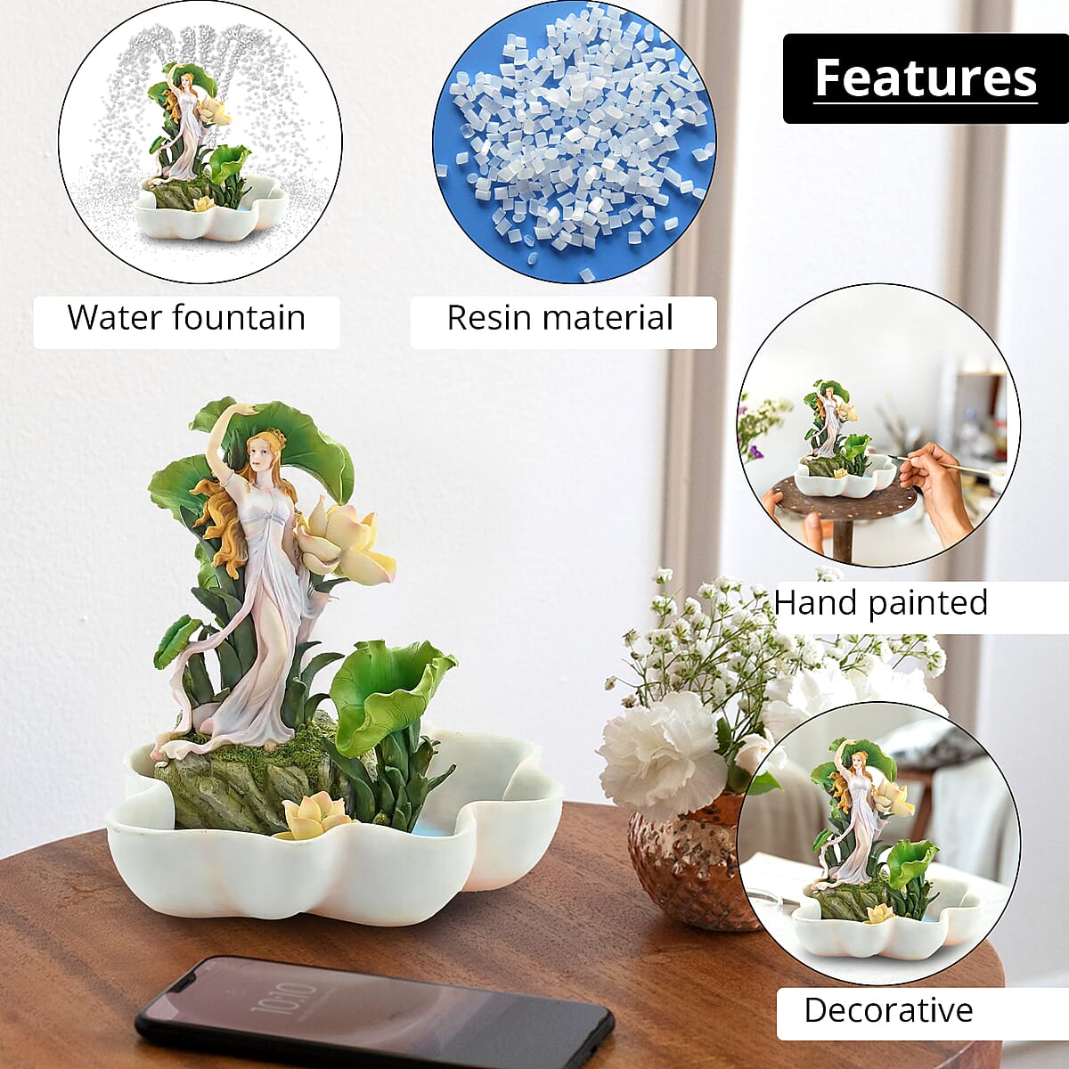 Hand Painted Resin Water Fountain - Lady and Water Lily image number 1