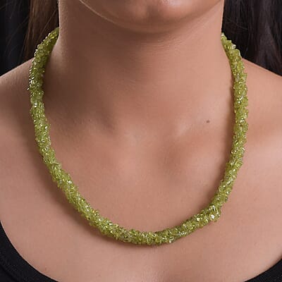 Arizona Peridot Chips Beaded Necklace 20 Inches in Sterling Silver 207.50 ctw