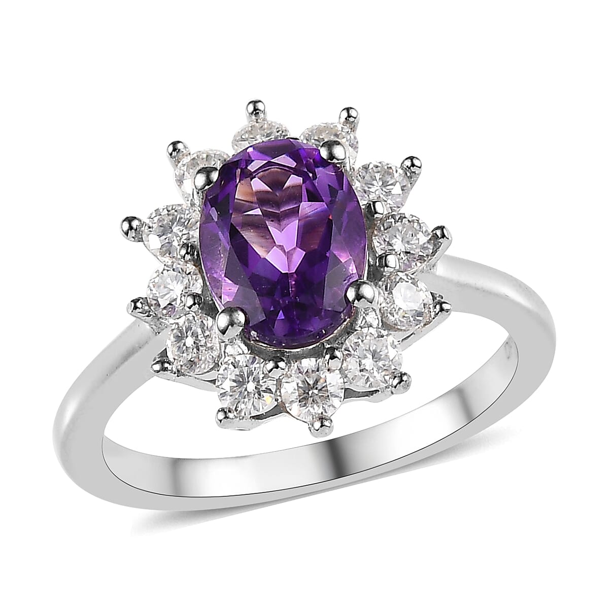 Premium Moroccan Amethyst and Moissanite Sunburst Ring in Platinum Over Sterling Silver (Size 10.0) 2.00 ctw