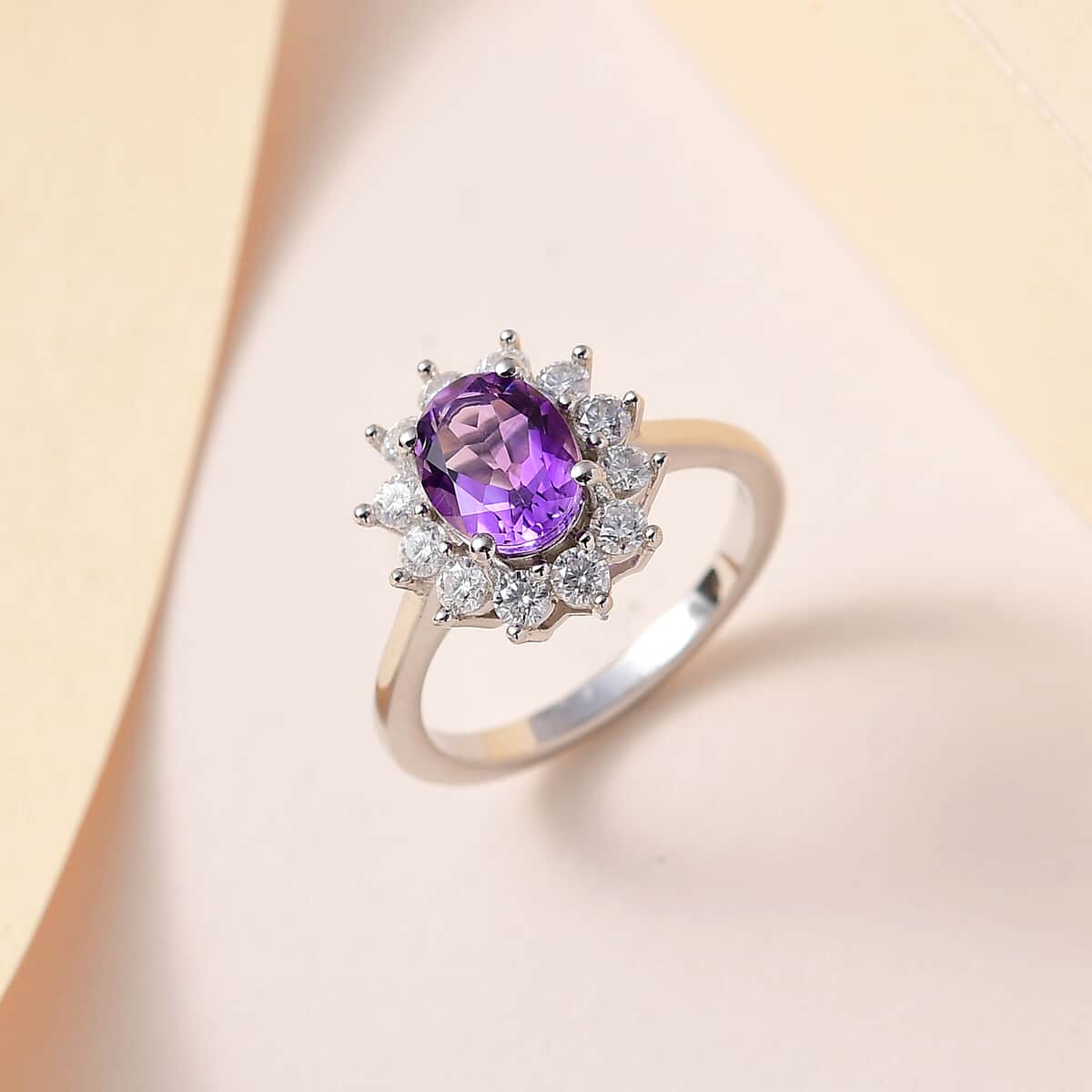 Premium Moroccan Amethyst and Moissanite Sunburst Ring in Platinum Over Sterling Silver 2.00 ctw image number 1