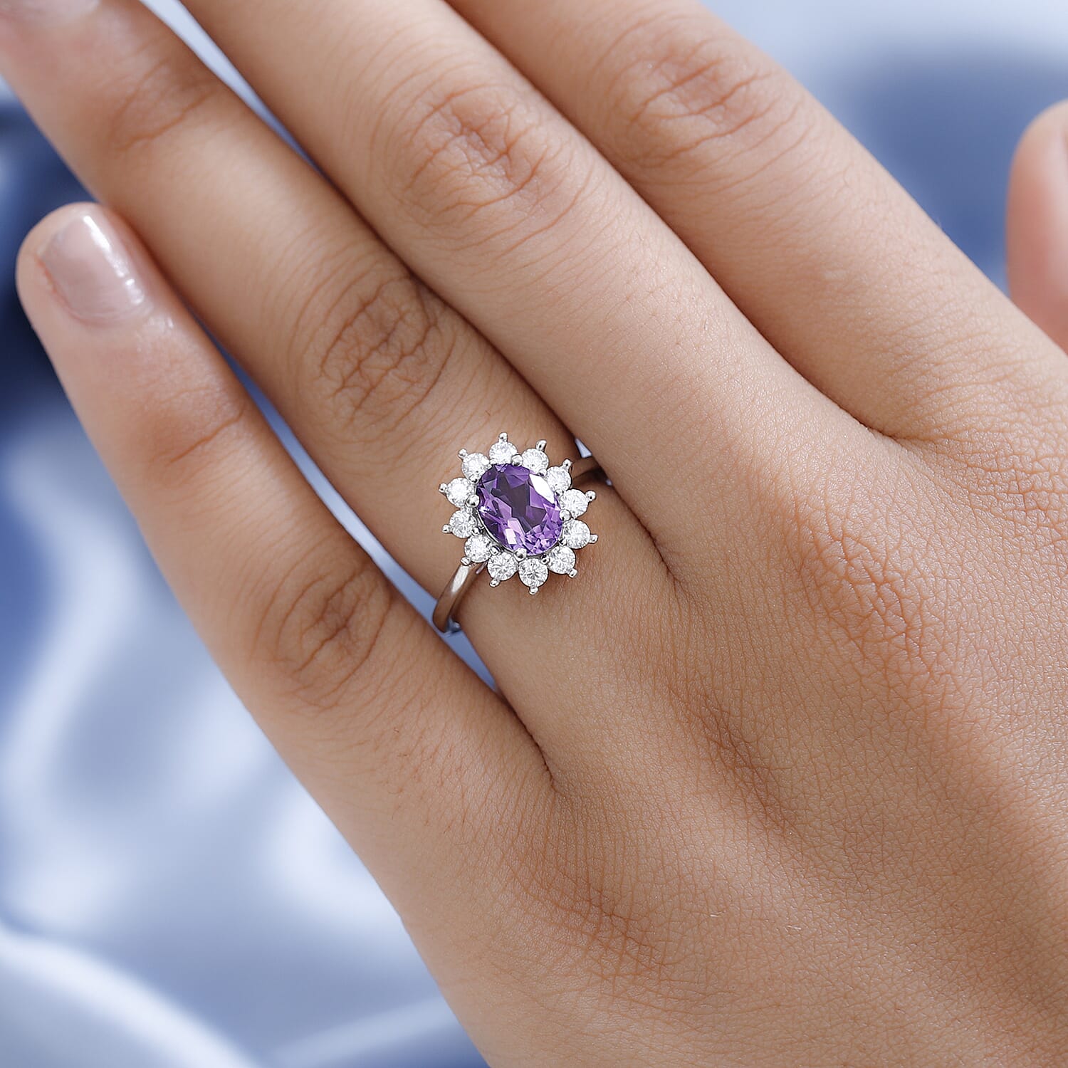 Premium Moroccan Amethyst and Moissanite Sunburst Ring in Platinum Over Sterling Silver (Size 10.0) 2.00 ctw