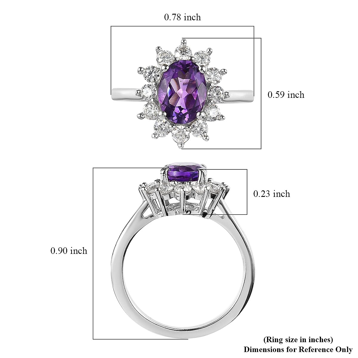 Premium Moroccan Amethyst and Moissanite Sunburst Ring in Platinum Over Sterling Silver (Size 10.0) 2.00 ctw