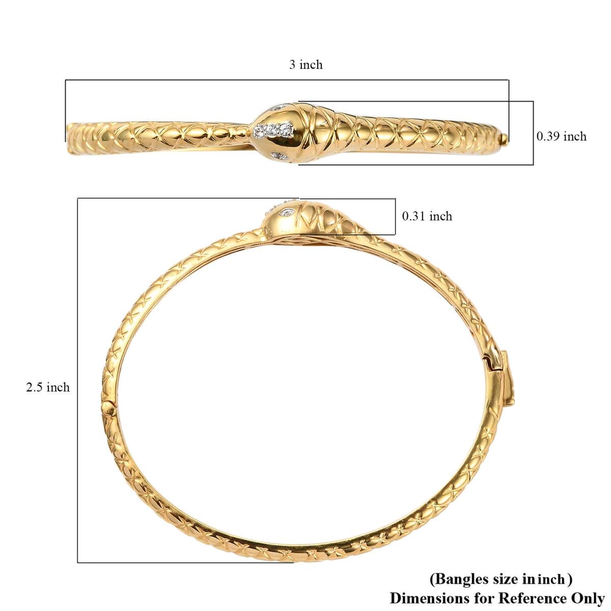 KARIS Natural White Zircon Eternal Love Snake Bangle Bracelet in 18K YG Plated (Size 7.25 In) 0.15 ctw image number 5