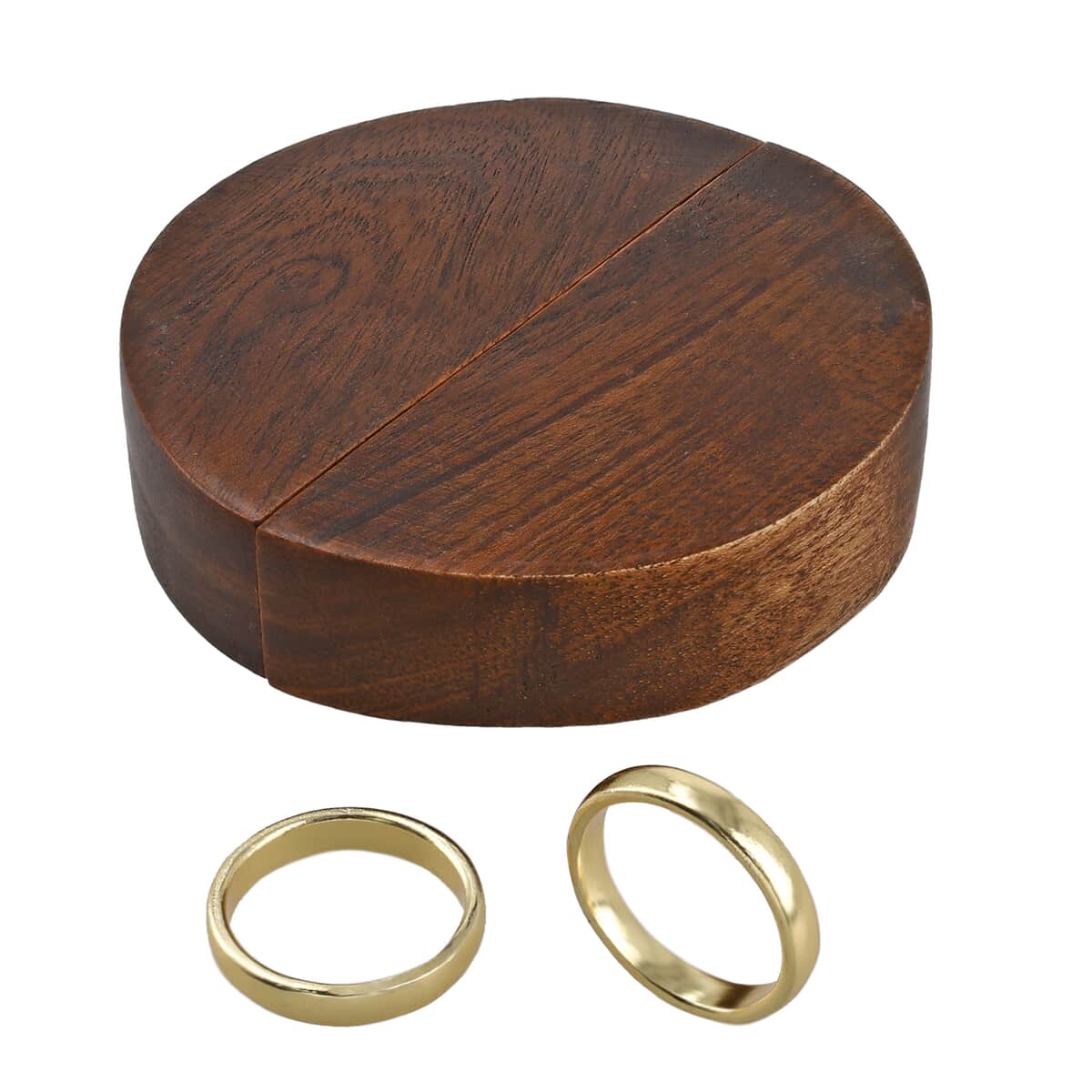 Portable Wooden Round Shaped Secret Ring Box with Goldtone Ring (Size 6.0) (3 Dia) image number 0