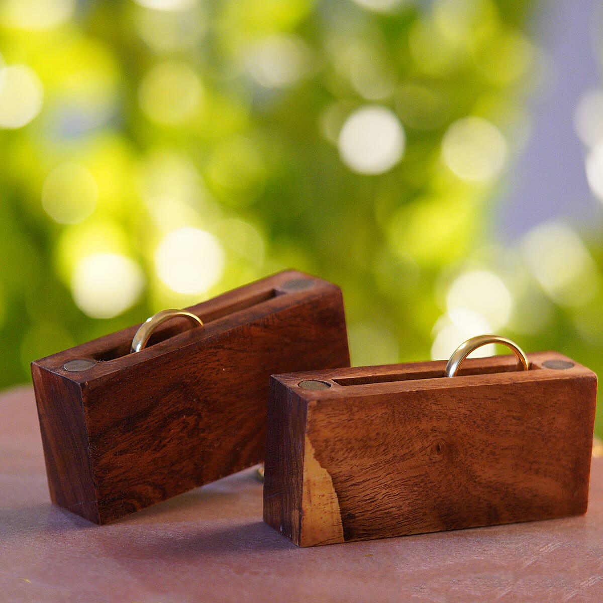 Portable Wooden Square Shaped Secret Ring Box with Goldtone Ring (Size 8.0) image number 1