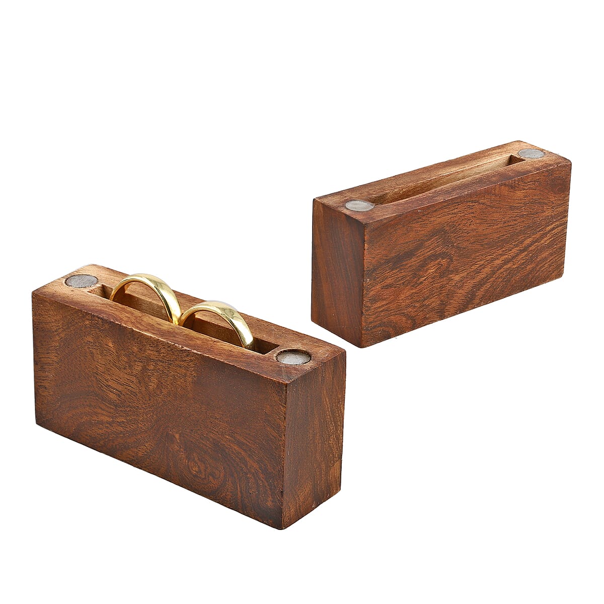 Portable Wooden Square Shaped Secret Ring Box with Goldtone Ring (Size 8.0) image number 3