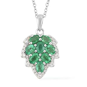 AAA Kagem Emerald and White Zircon Leaf Pendant Necklace 18 Inches in Sterling Silver 1.60 ctw