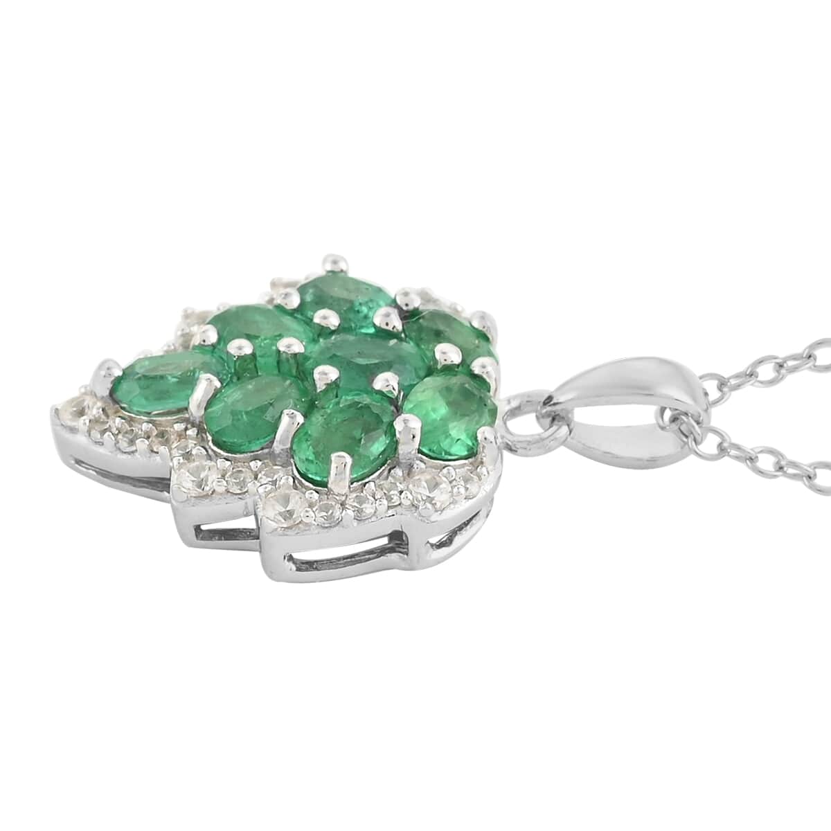 AAA Kagem Emerald and White Zircon Leaf Pendant Necklace 18 Inches in Sterling Silver 1.60 ctw image number 2