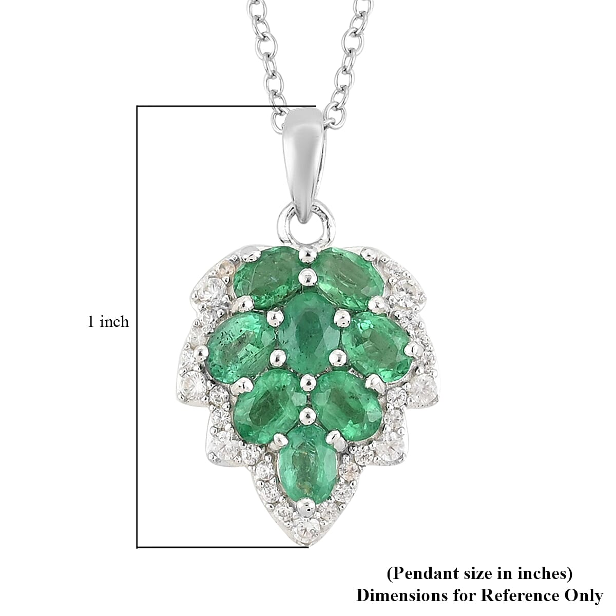 AAA Kagem Emerald and White Zircon Leaf Pendant Necklace 18 Inches in Sterling Silver 1.60 ctw