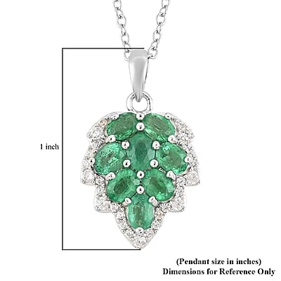 AAA Kagem Emerald and White Zircon Leaf Pendant Necklace 18 Inches in Sterling Silver 1.60 ctw