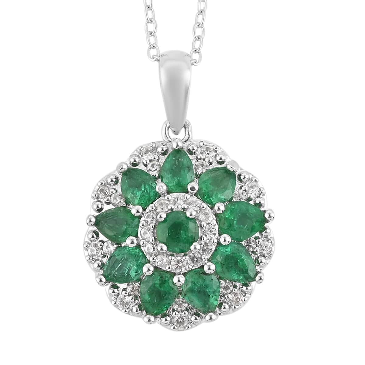 AAA Kagem Emerald and White Zircon Round Flower Pendant Necklace 18 Inches in Sterling Silver 1.85 ctw image number 0