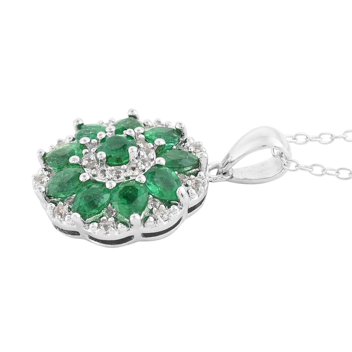 AAA Kagem Emerald and White Zircon Round Flower Pendant Necklace 18 Inches in Sterling Silver 1.85 ctw image number 2