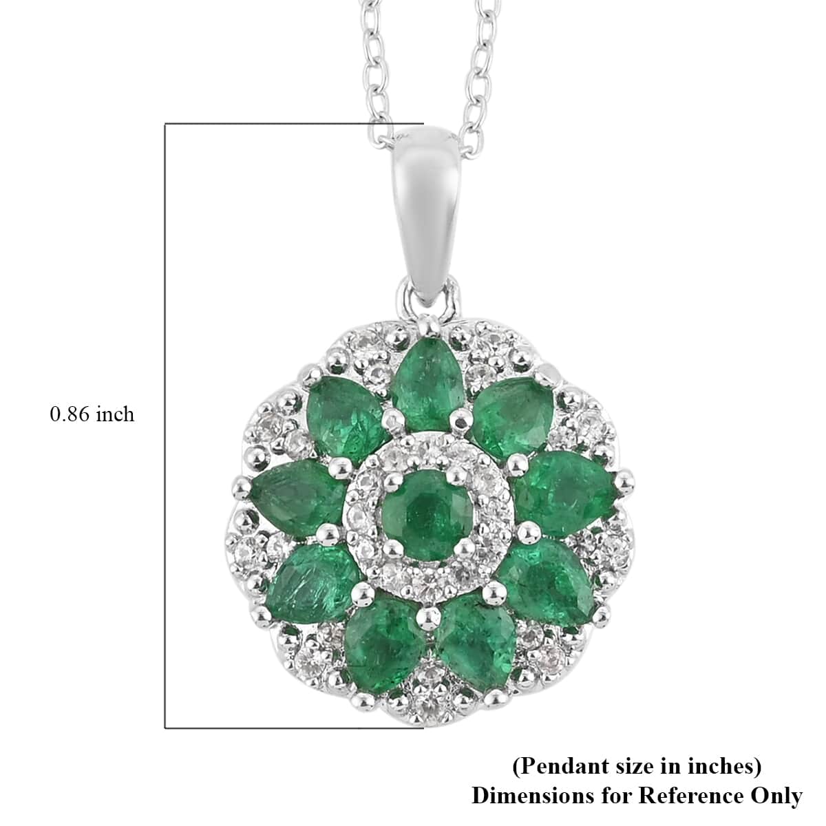 AAA Kagem Emerald and White Zircon Round Flower Pendant Necklace 18 Inches in Sterling Silver 1.85 ctw image number 4
