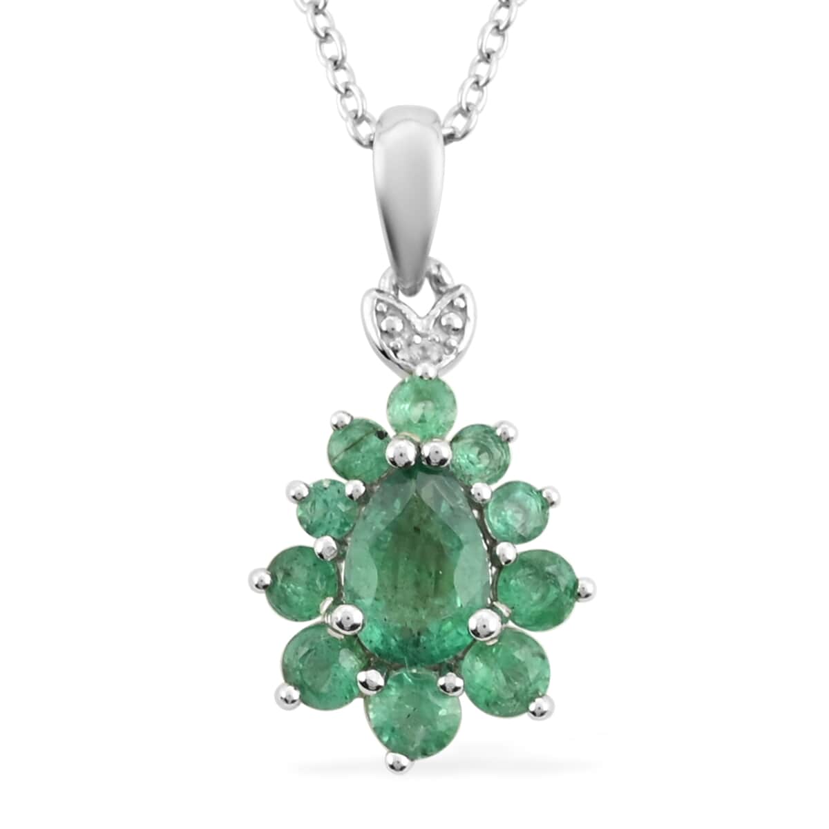 AAA Kagem Zambian Intense Green Emerald and Diamond Drop Pendant Necklace 18 Inches in Sterling Silver 1.15 ctw image number 0