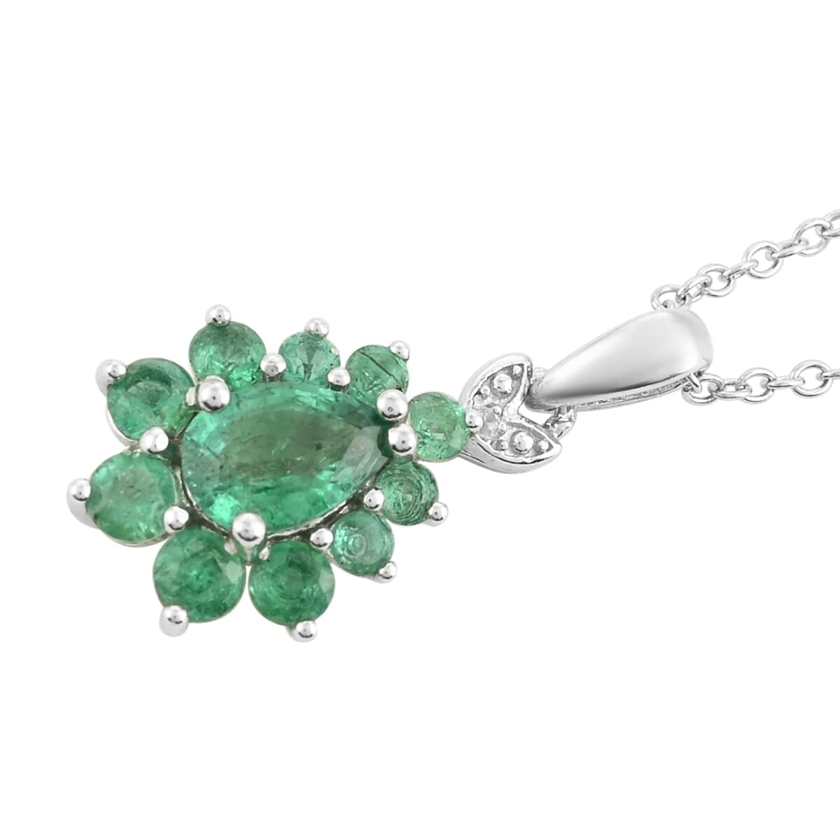 AAA Kagem Zambian Intense Green Emerald and Diamond Drop Pendant Necklace 18 Inches in Sterling Silver 1.15 ctw image number 2