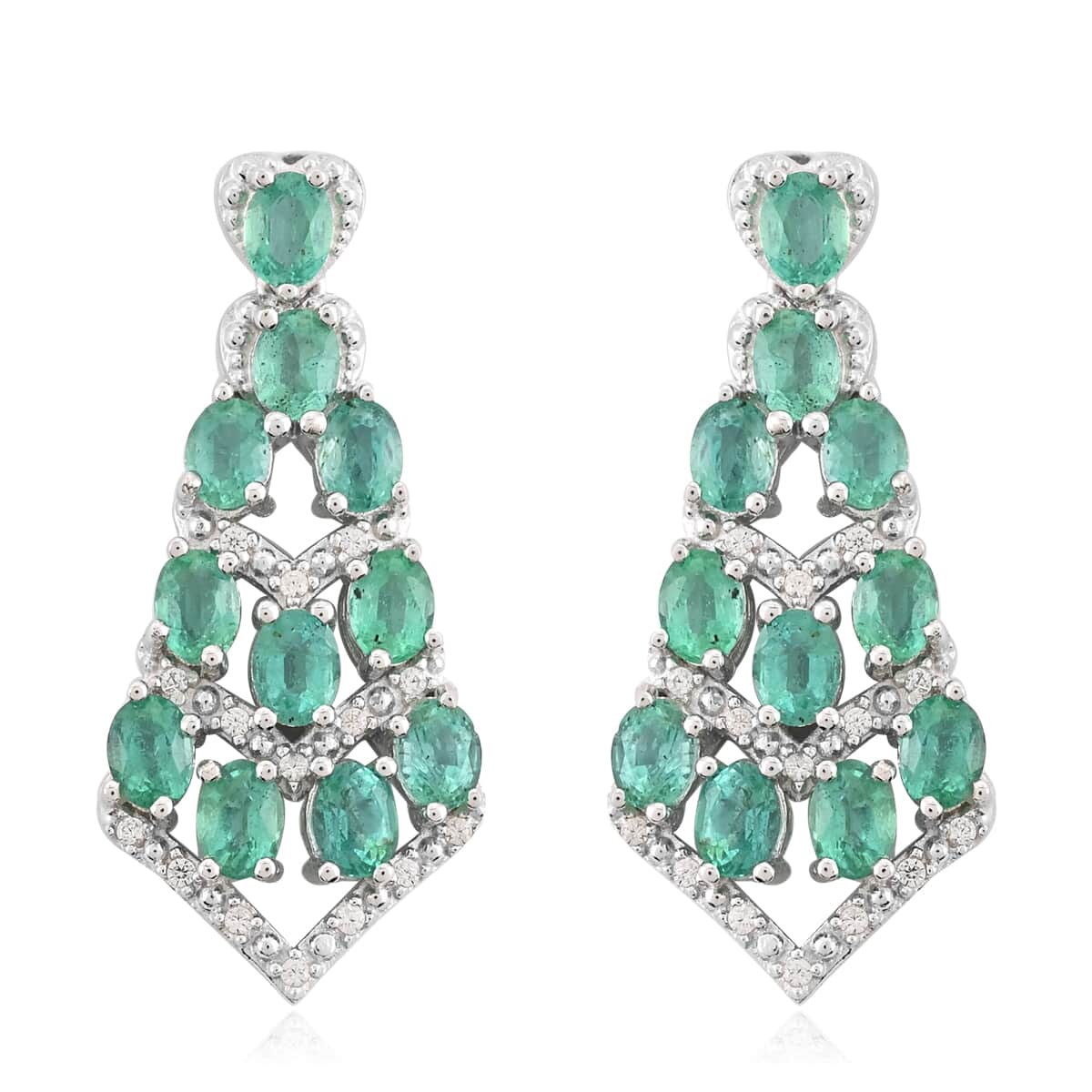AAA Kagem Emerald and White Zircon Earrings in Sterling Silver 3.70 ctw image number 0
