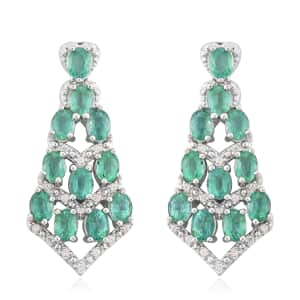 AAA Kagem Emerald and White Zircon Earrings in Sterling Silver 3.70 ctw