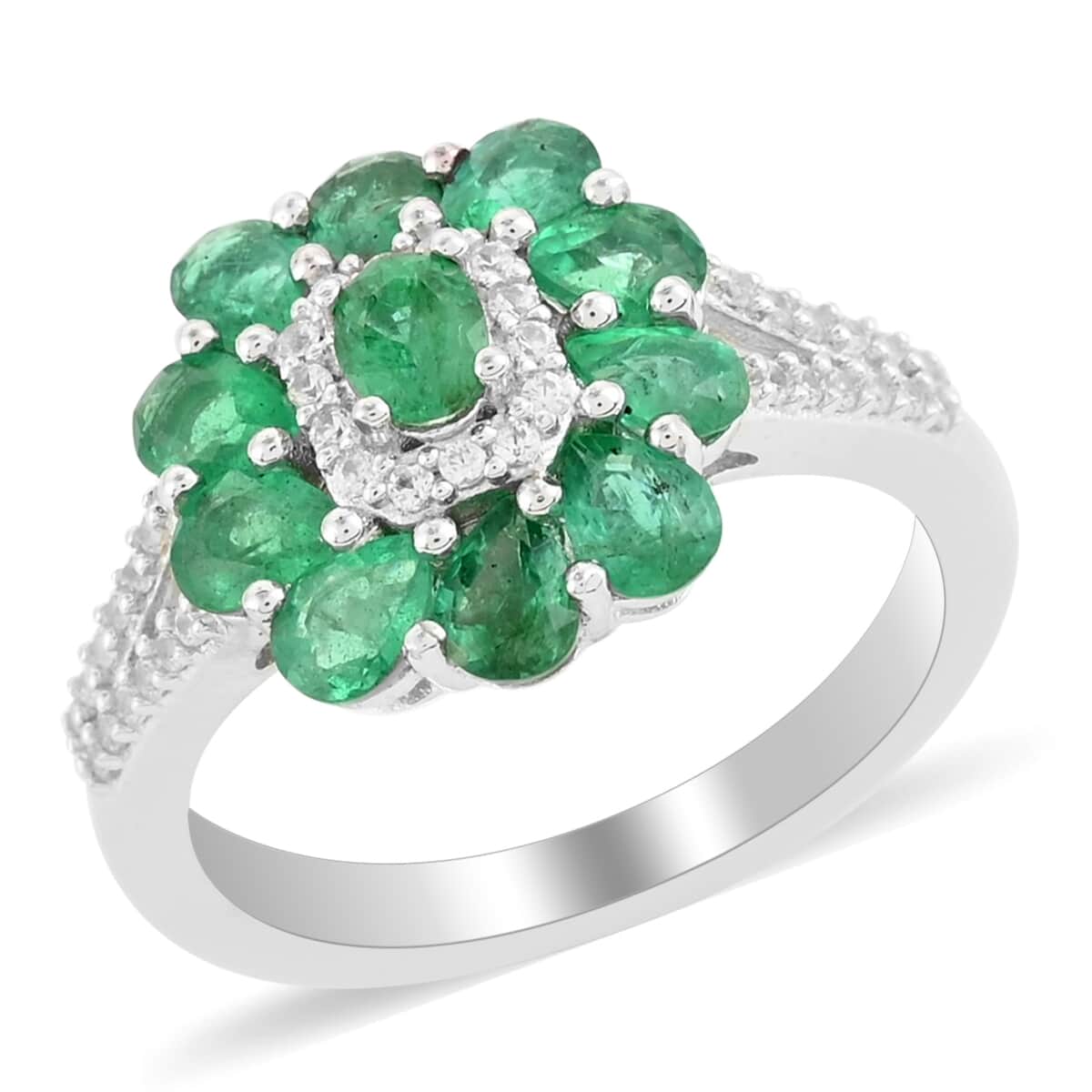 AAA Kagem Zambian Intense Green Emerald, White Zircon Flower Ring in Sterling Silver (Size 7.0) 1.85 ctw image number 0