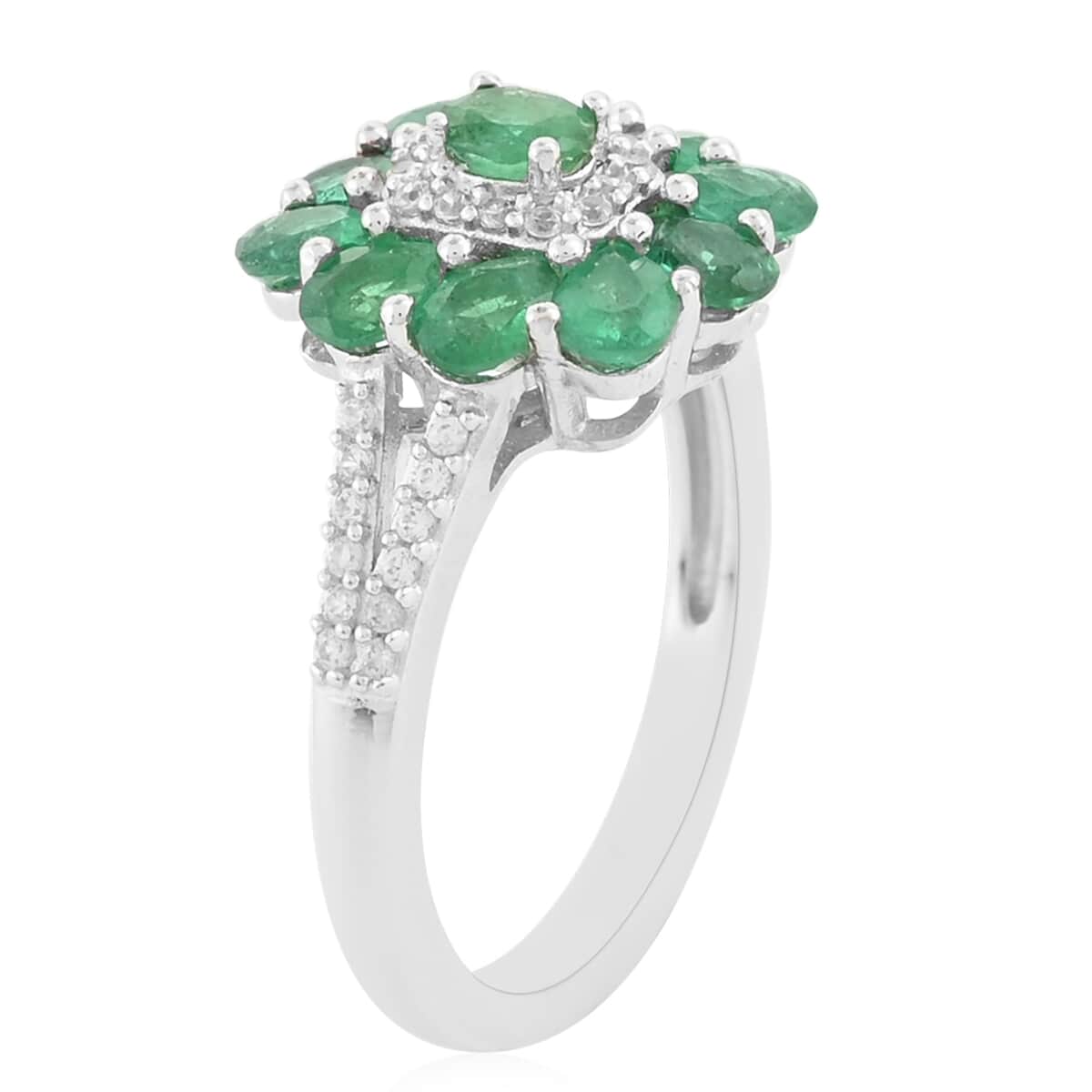 AAA Kagem Zambian Intense Green Emerald, White Zircon Flower Ring in Sterling Silver (Size 7.0) 1.85 ctw image number 2