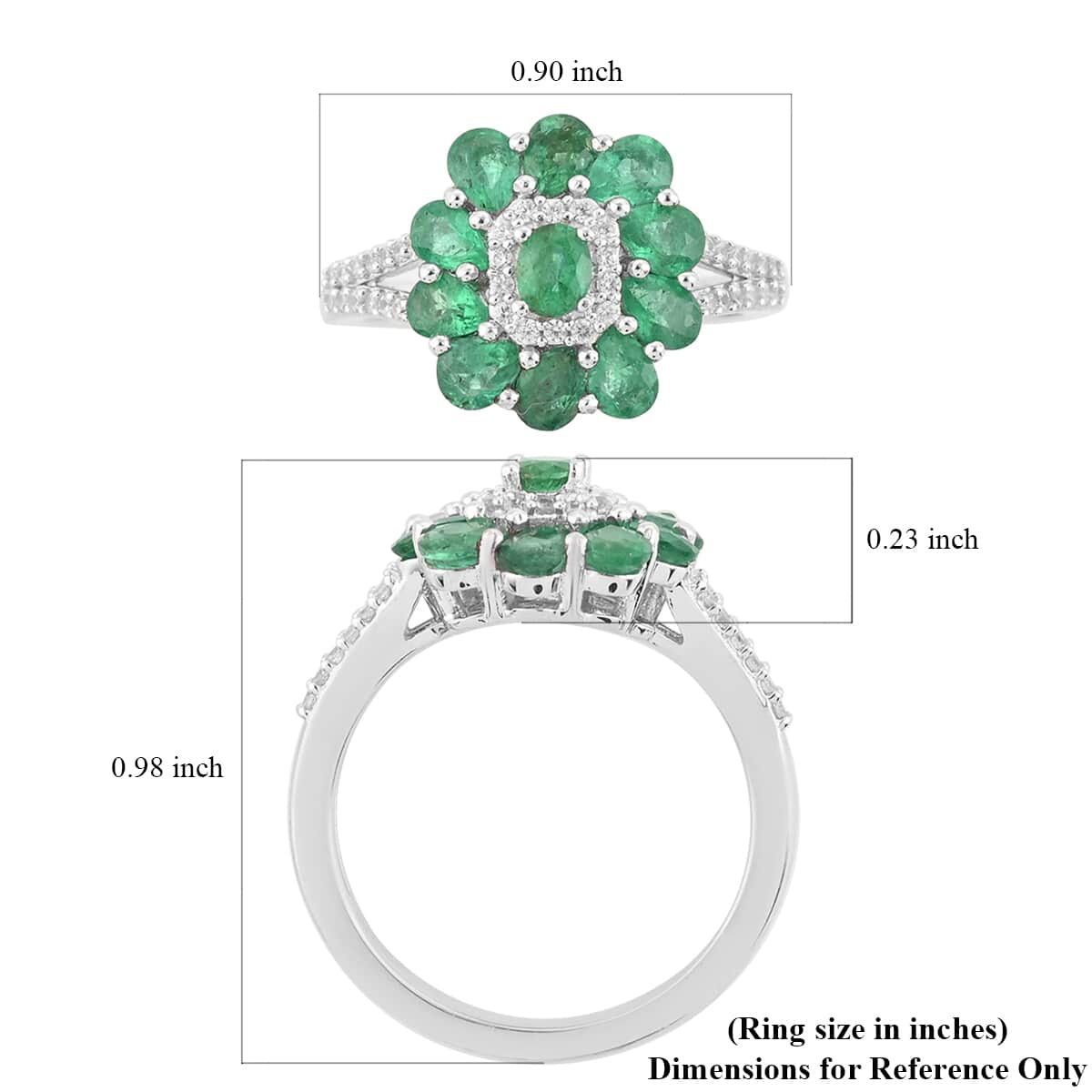 AAA Kagem Zambian Intense Green Emerald, White Zircon Flower Ring in Sterling Silver (Size 7.0) 1.85 ctw image number 4