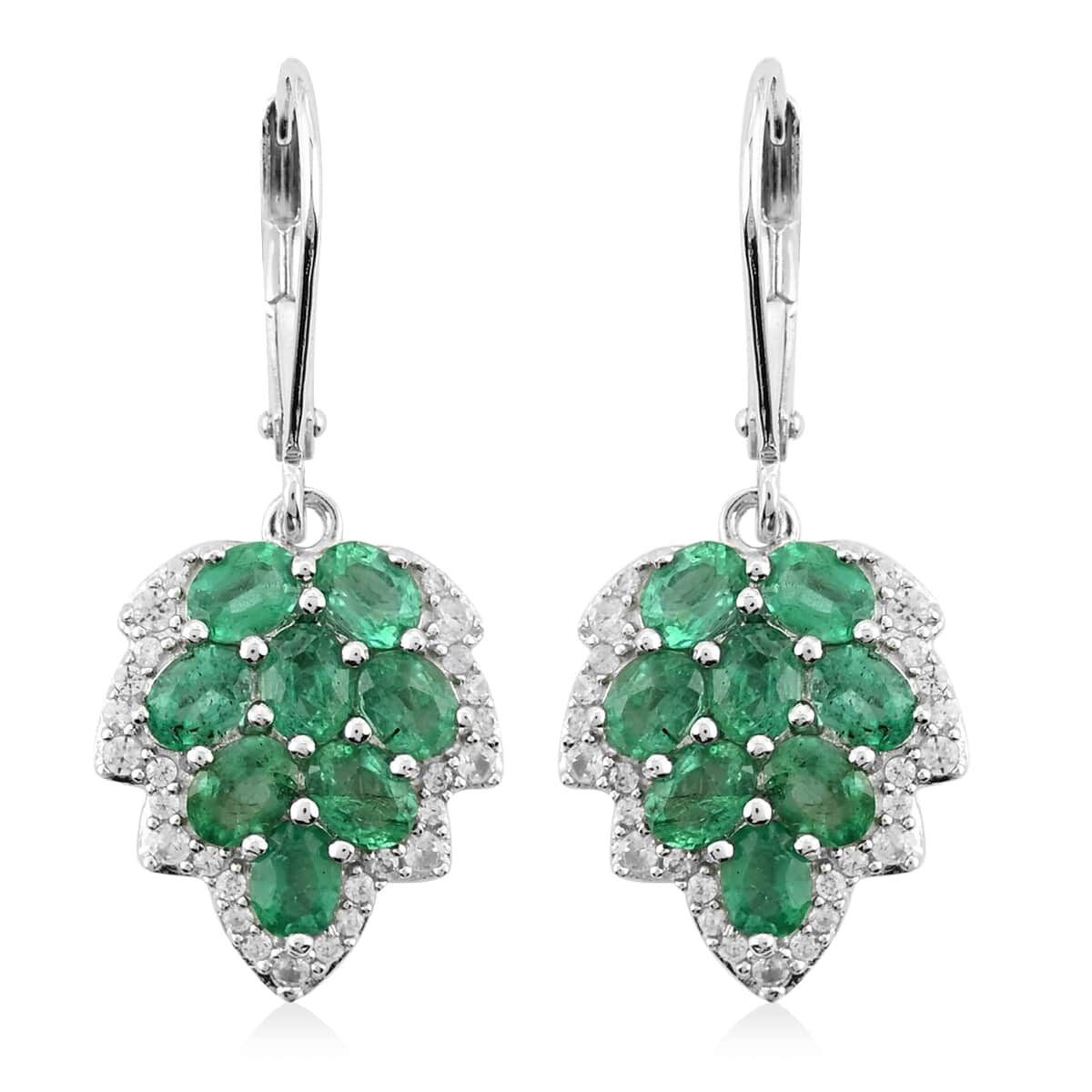 AAA Kagem Zambian Intense Green Emerald and White Zircon Leaf Dangle Earrings in Sterling Silver 3.25 ctw image number 0