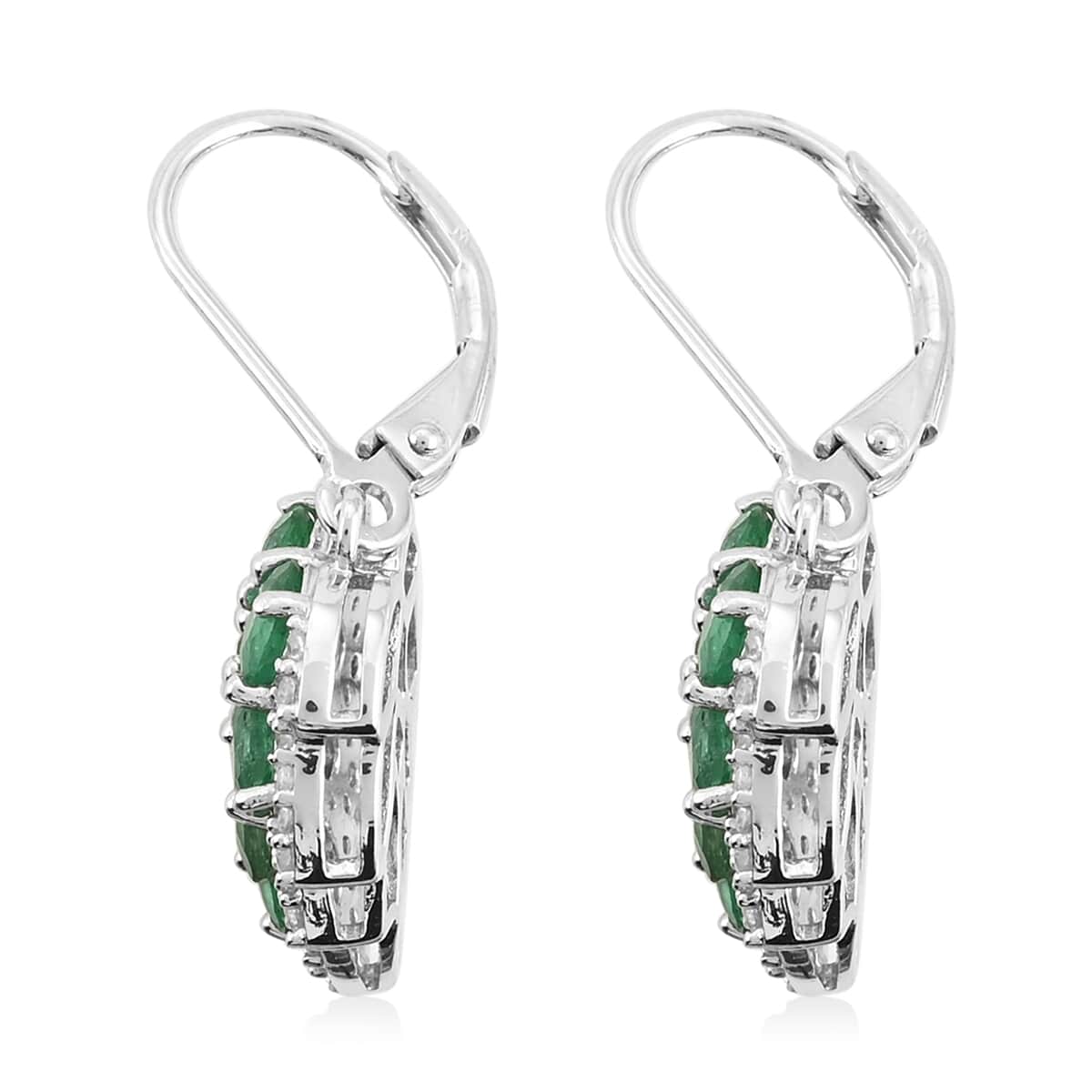 AAA Kagem Zambian Intense Green Emerald and White Zircon Leaf Dangle Earrings in Sterling Silver 3.25 ctw image number 2