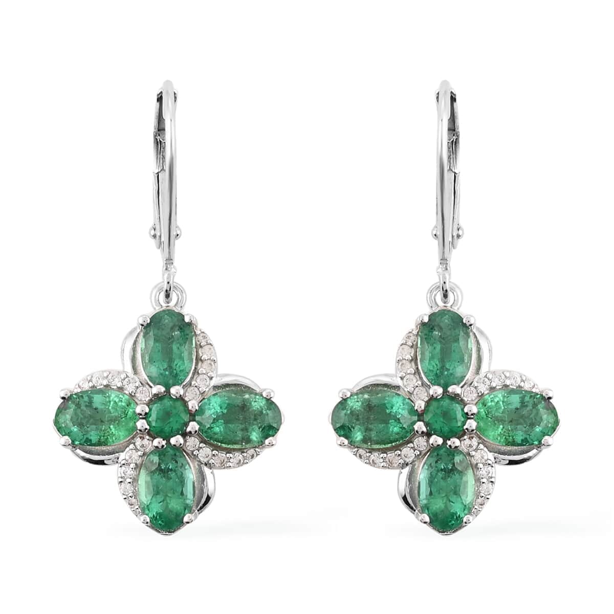 AAA Kagem Emerald and White Zircon Dangle Earrings in Sterling Silver 4.00 ctw image number 0