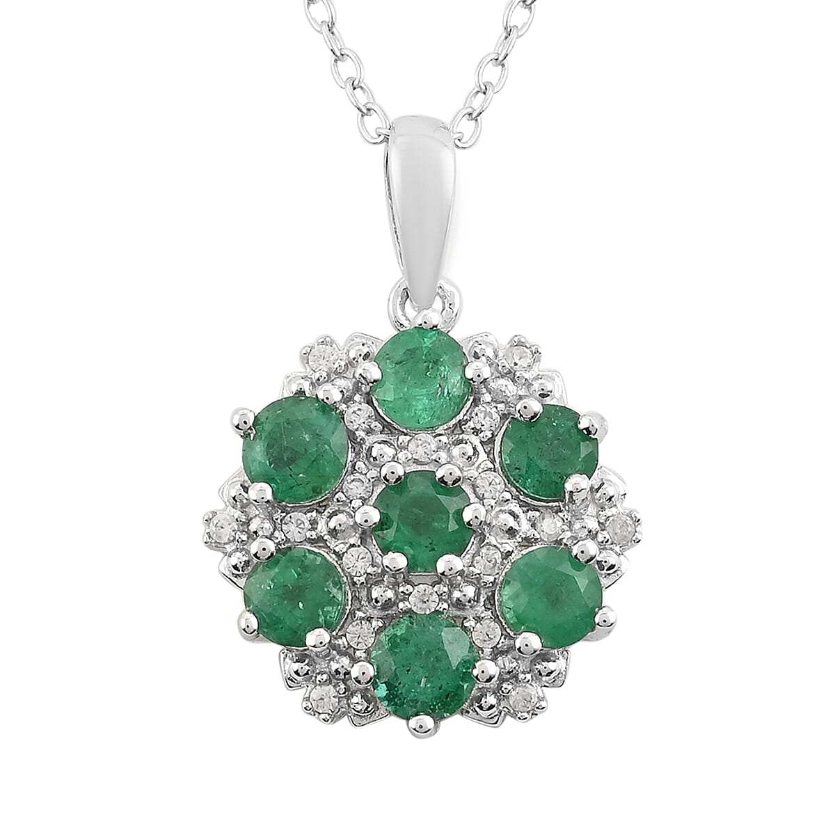 AAA Kagem Emerald and White Zircon Flower Pendant Necklace 18 Inches in Sterling Silver 1.35 ctw