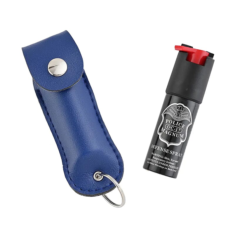 Closeout Police Magnum Pepper Spray with Faux Leather Holder and Key Ring 0.50 oz -Blue