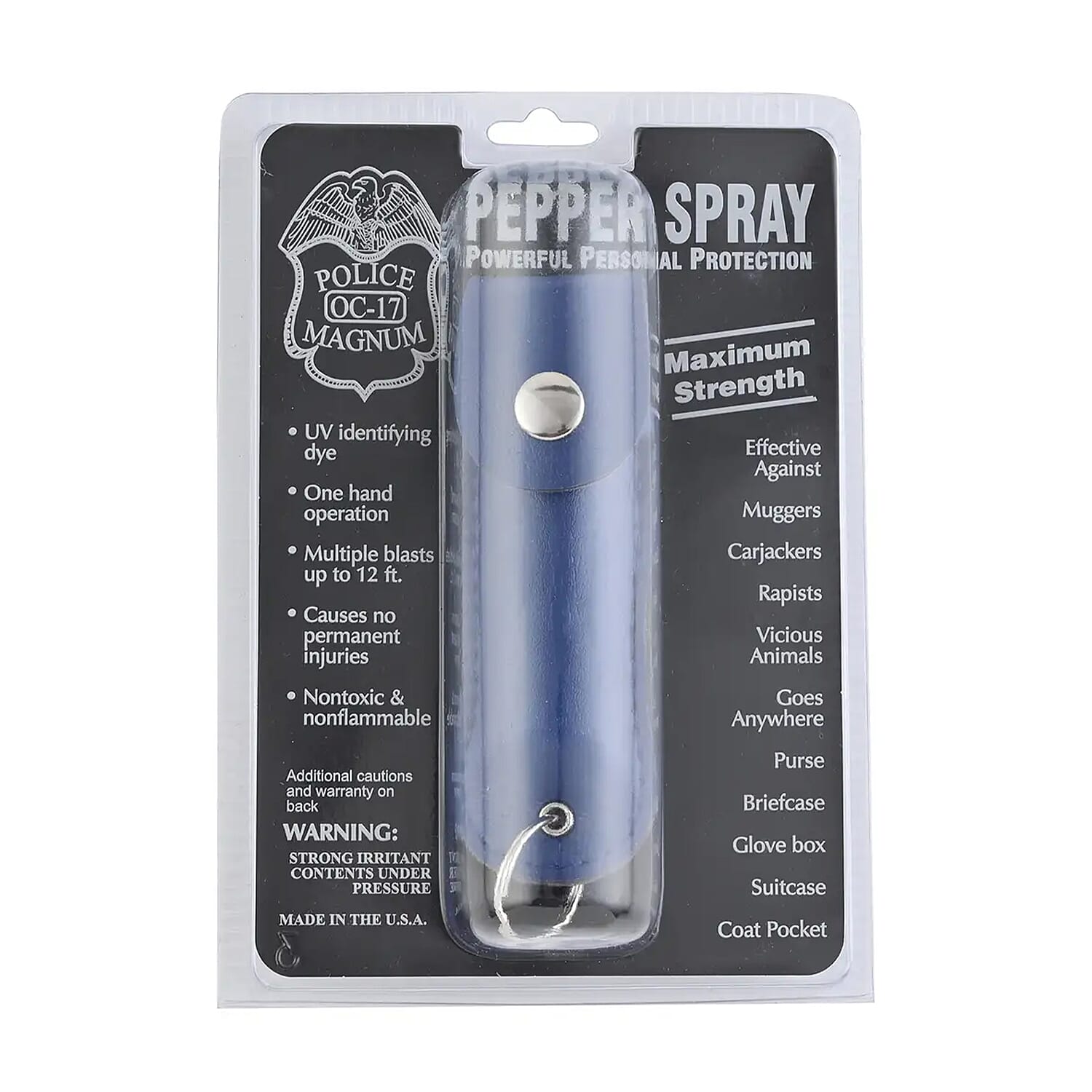 Closeout Police Magnum Pepper Spray with Faux Leather Holder and Key Ring 0.50 oz -Blue
