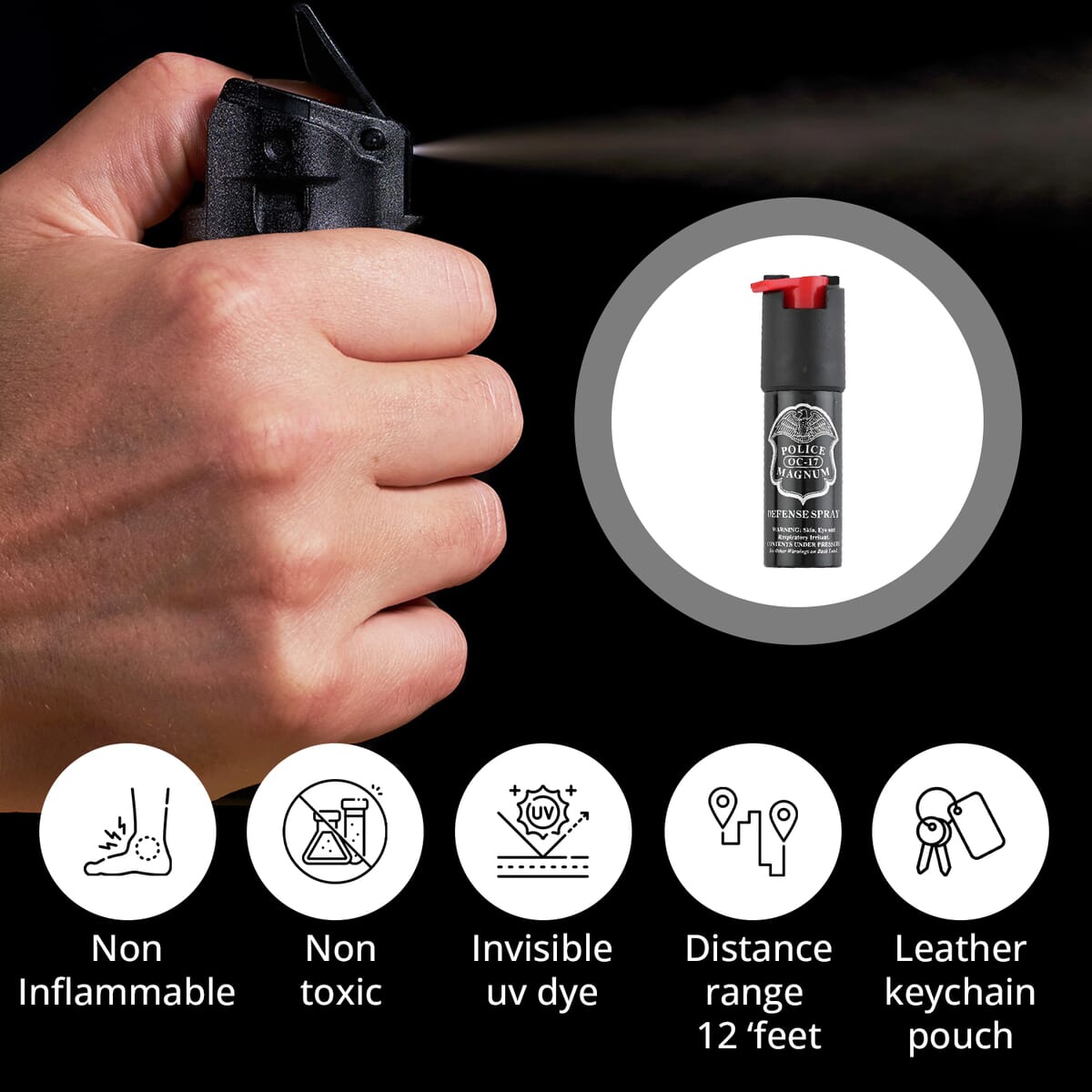 Closeout Police Magnum Pepper Spray with Faux Leather Holder and Key Ring 0.50 oz -Purple image number 2