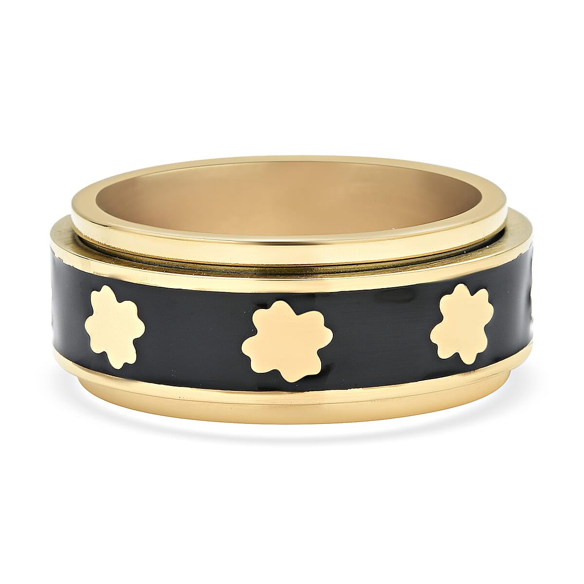 Constituted Shungite Inlaid Four Leaf Clover Spinner Ring in ION Plated Yellow Gold Stainless Steel (Size 5.75) 0.20 ctw