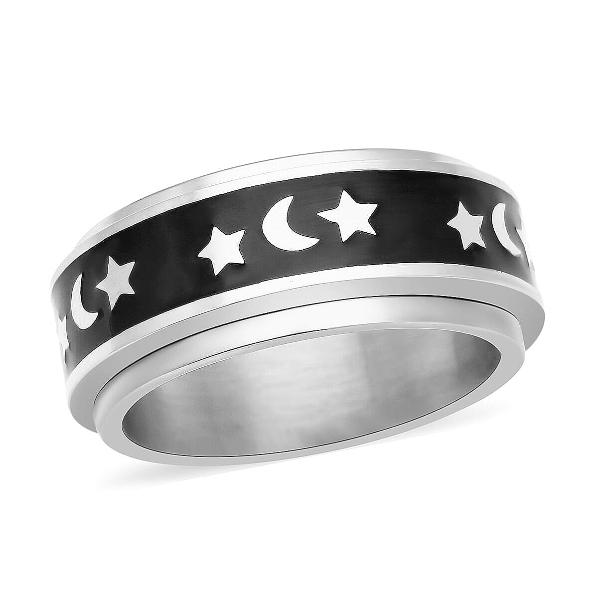 Constituted Shungite Inlaid Moon and Star Spinner Ring in Stainless Steel (Size 5.75) 0.20 ctw