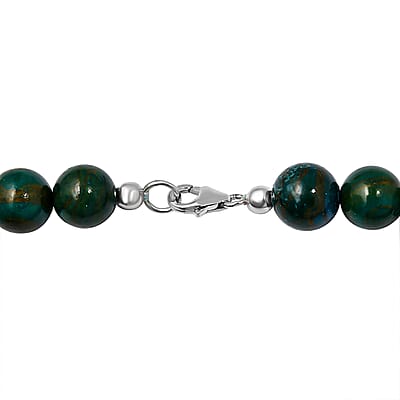 Blue Wooden Jasper Beaded Necklace 18 Inches in Rhodium Over Sterling Silver 328.25 ctw