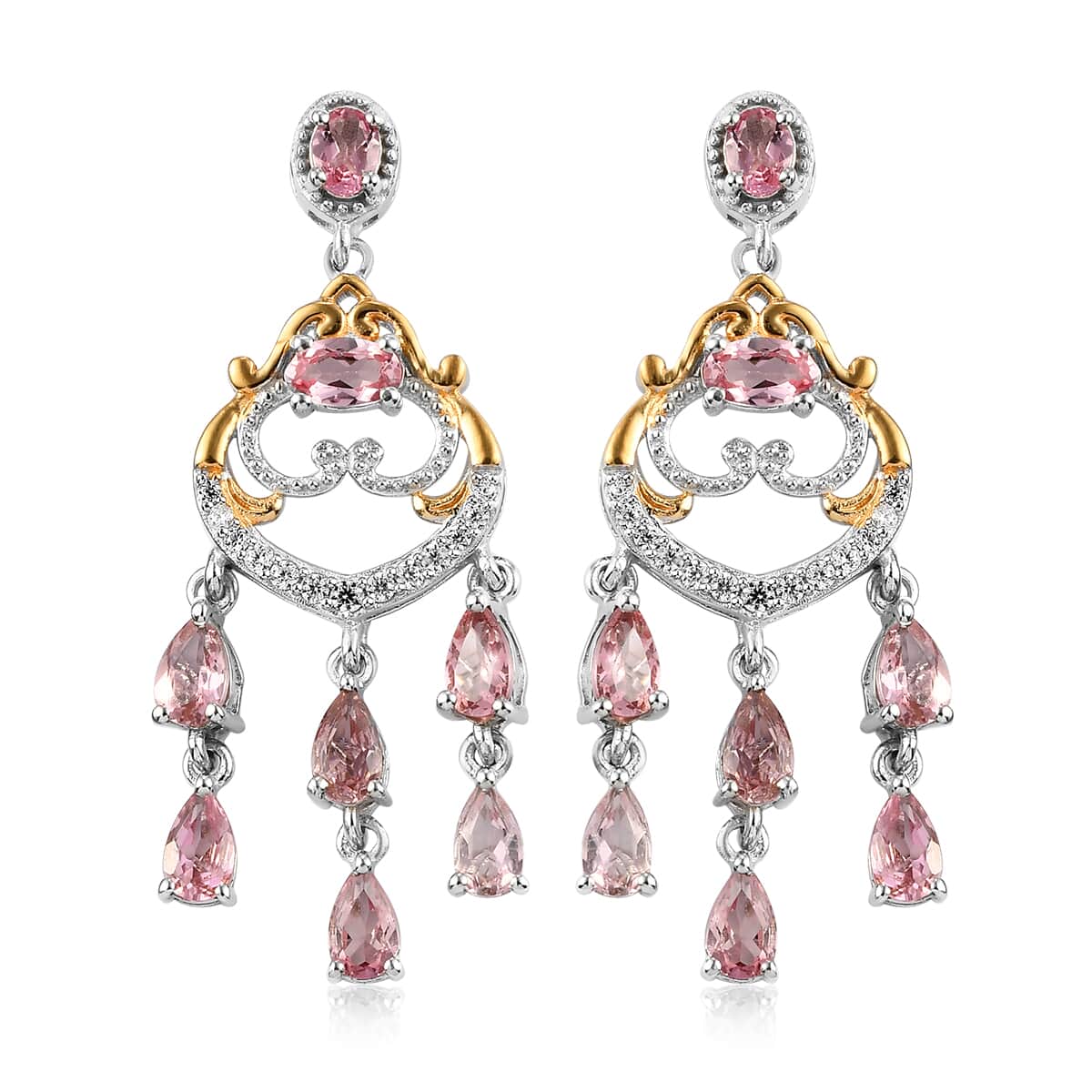 Blush Tourmaline and White Zircon Chandelier Earrings in Vermeil Yellow Gold and Platinum Over Sterling Silver 3.35 ctw image number 0
