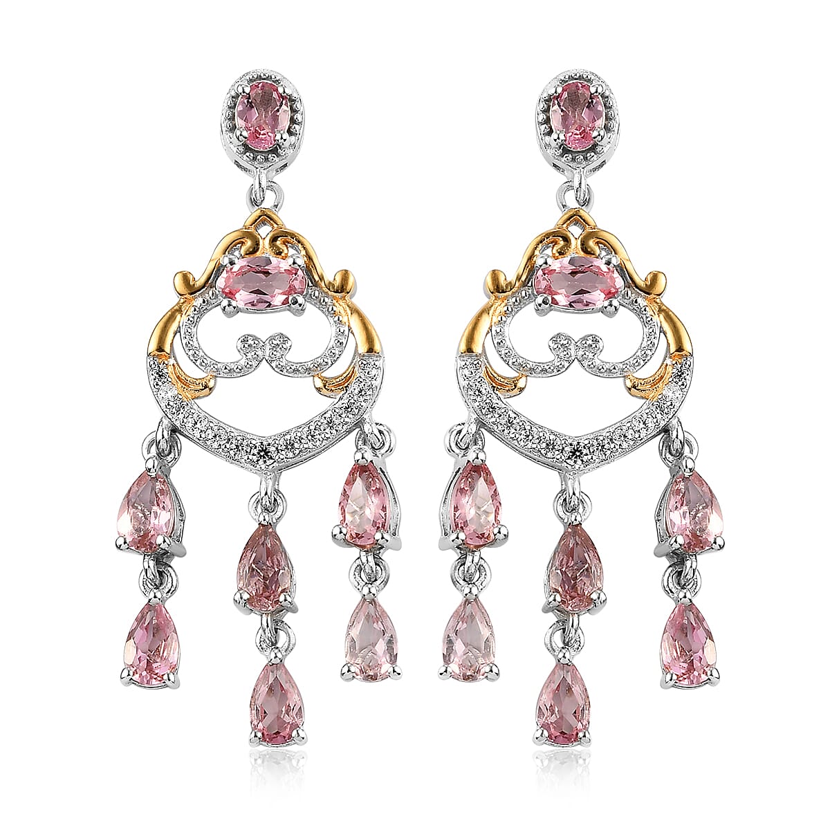 Blush Tourmaline and White Zircon Chandelier Earrings in Vermeil Yellow Gold and Platinum Over Sterling Silver 3.35 ctw image number 0