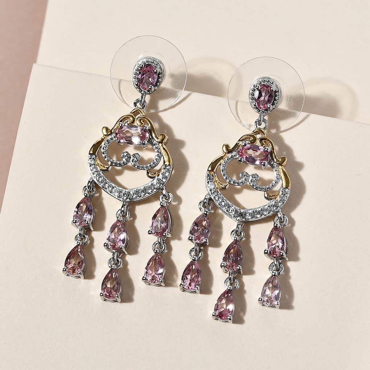 Blush Tourmaline and White Zircon Chandelier Earrings in Vermeil Yellow Gold and Platinum Over Sterling Silver 3.35 ctw image number 1