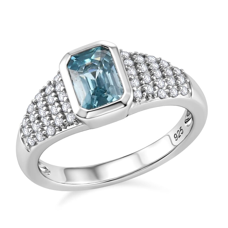 Cambodian Blue Zircon and White Zircon 1.70 ctw Ring in Platinum Over Sterling Silver (Size 5.5)