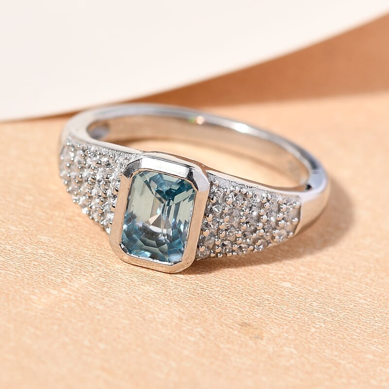 Cambodian Blue Zircon and White Zircon 1.70 ctw Ring in Platinum Over Sterling Silver (Size 5.5)